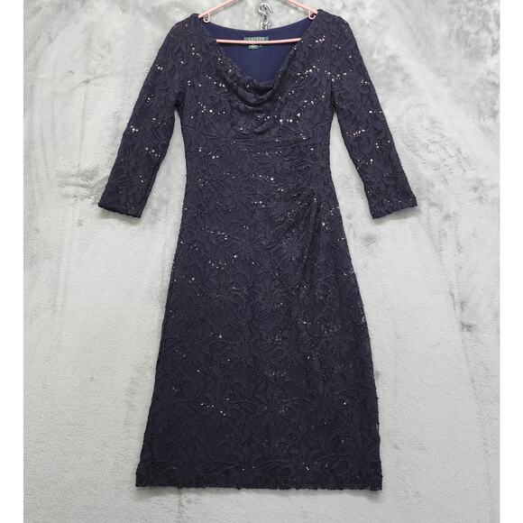 Ralph Lauren Dress Size 6 Blue Sequin Lace Cowl Neck 3/4 Sleeves Knee Length - Picture 1 of 10